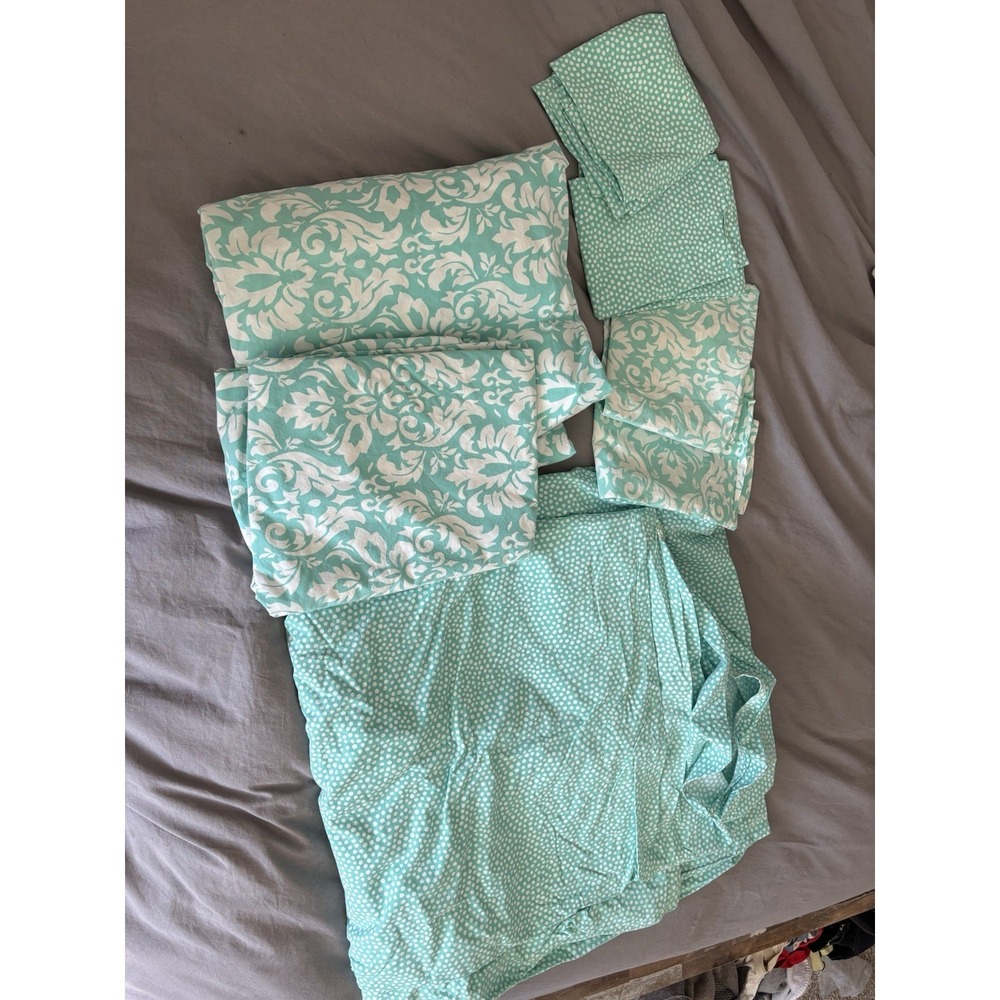 Pottery Barn Dorm Full Sheet Set‎ Pool Damask W/ Aqua Dots Duvet And Shams